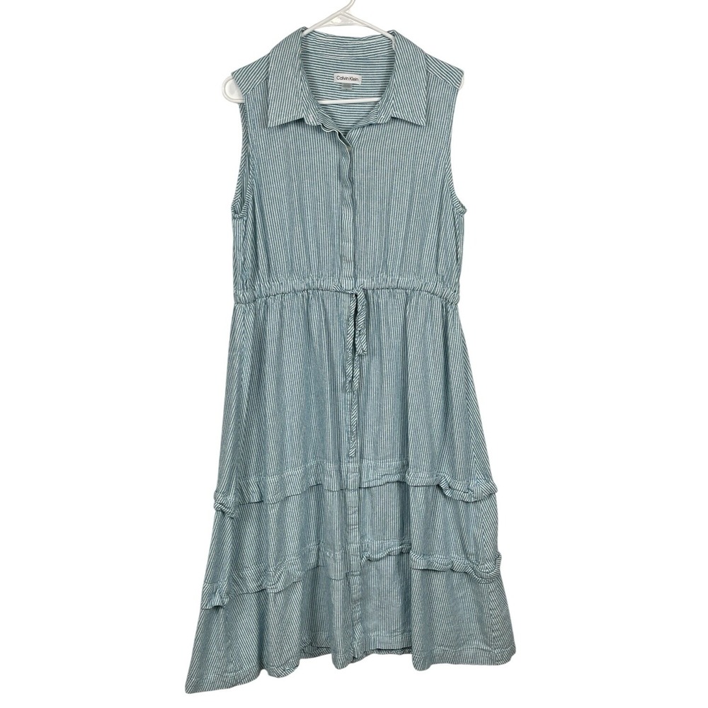 Calvin Klein Shirt Dress Womens 16 Teal White Striped Linen Blend Tiered Midi